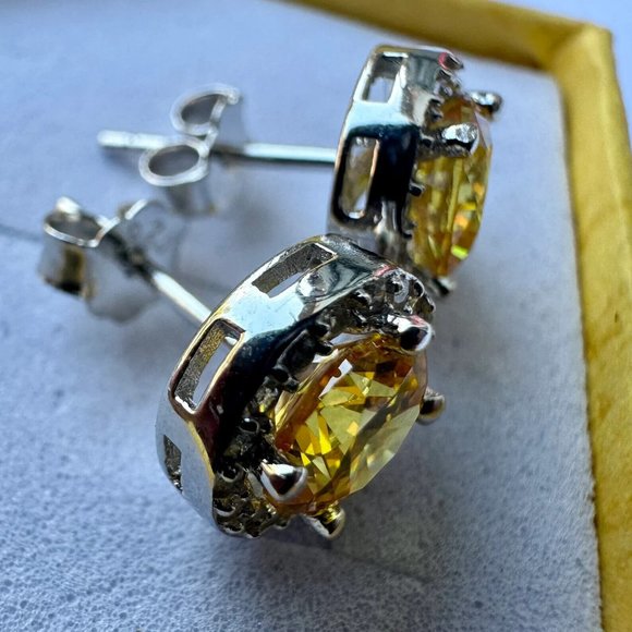 Citrine Earrings Sterling Silver 925 White Topaz Created Stud Earrings For Women - Picture 8 of 9